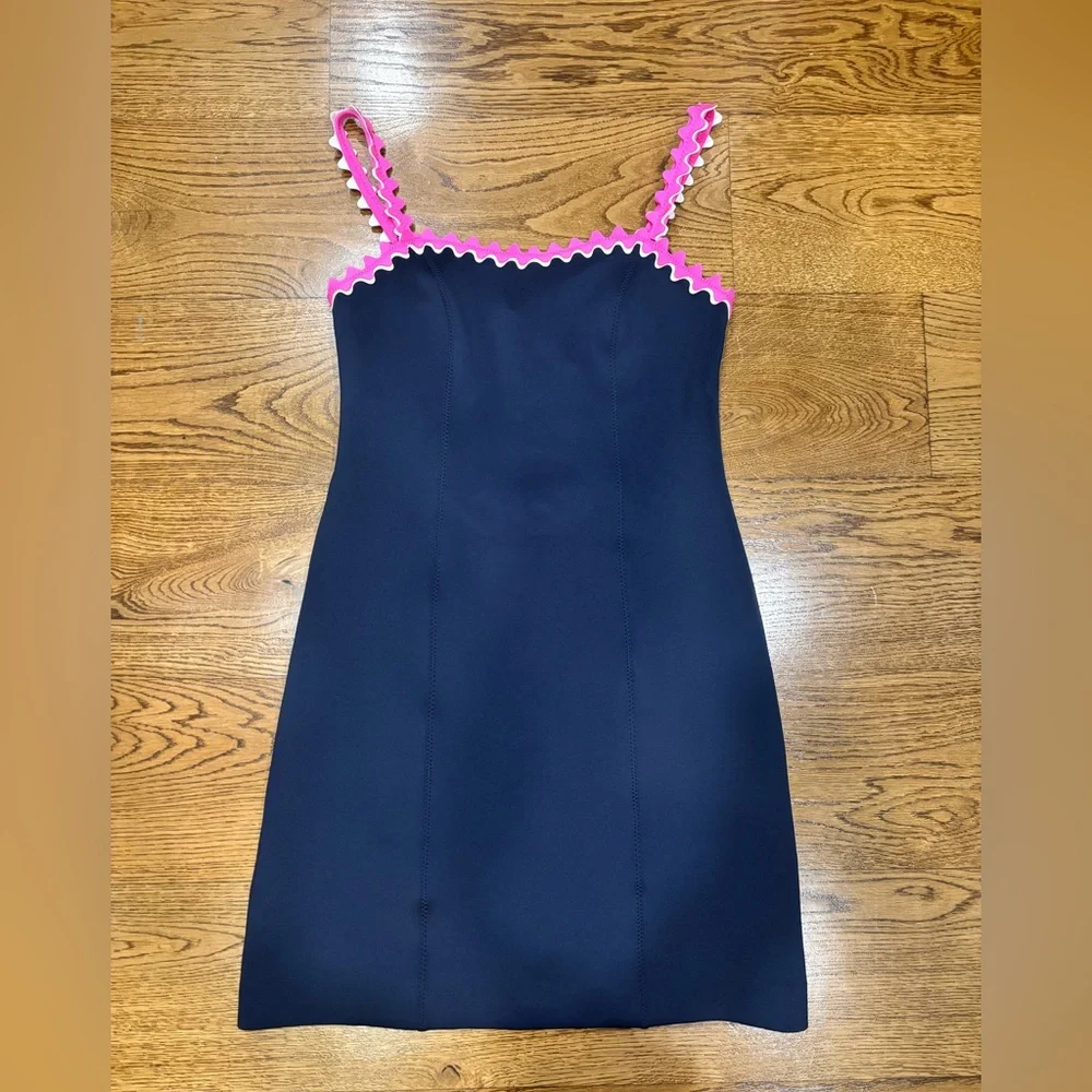 Lilly Pulitzer Nwt Shellbee True Navy Blue Pink Ric Rac Scuba Lined Dress Size M - Picture 2 of 6